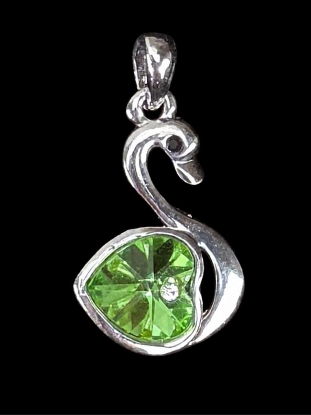 Silver Tone Green Heart Swan Bird Pendant Unique Statement Charm